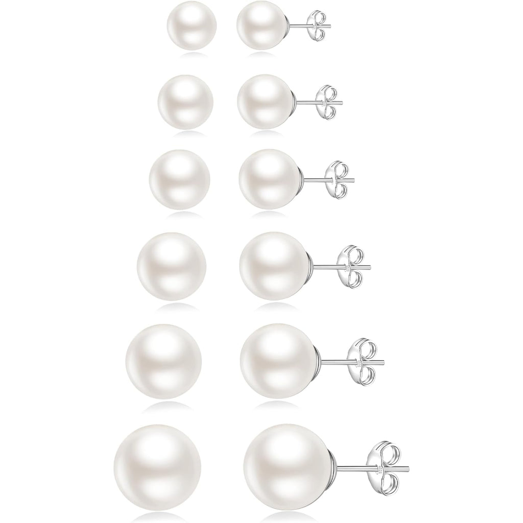 Senteria 925 Sterling Silver Pearl Earrings Studs Set Hypoallergenic Small Stud Earrings Lightweight Shiny Earrings Studs for Women 6 Pairs 3-10MM