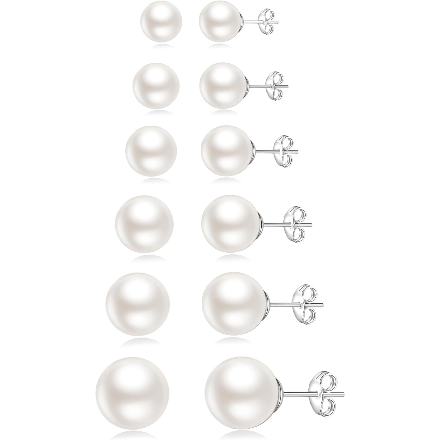 Senteria 925 Sterling Silver Pearl Earrings Studs Set Hypoallergenic Small Stud Earrings Lightweight Shiny Earrings Studs for Women 6 Pairs 3-10MM