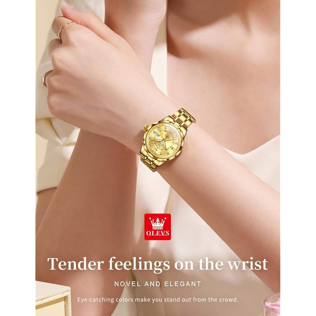 Olevs Womens Watches Casual Modern Diamond Automatic Mechanical Ladies Self Winding Dress Two Tone Wrist Watch Date Day