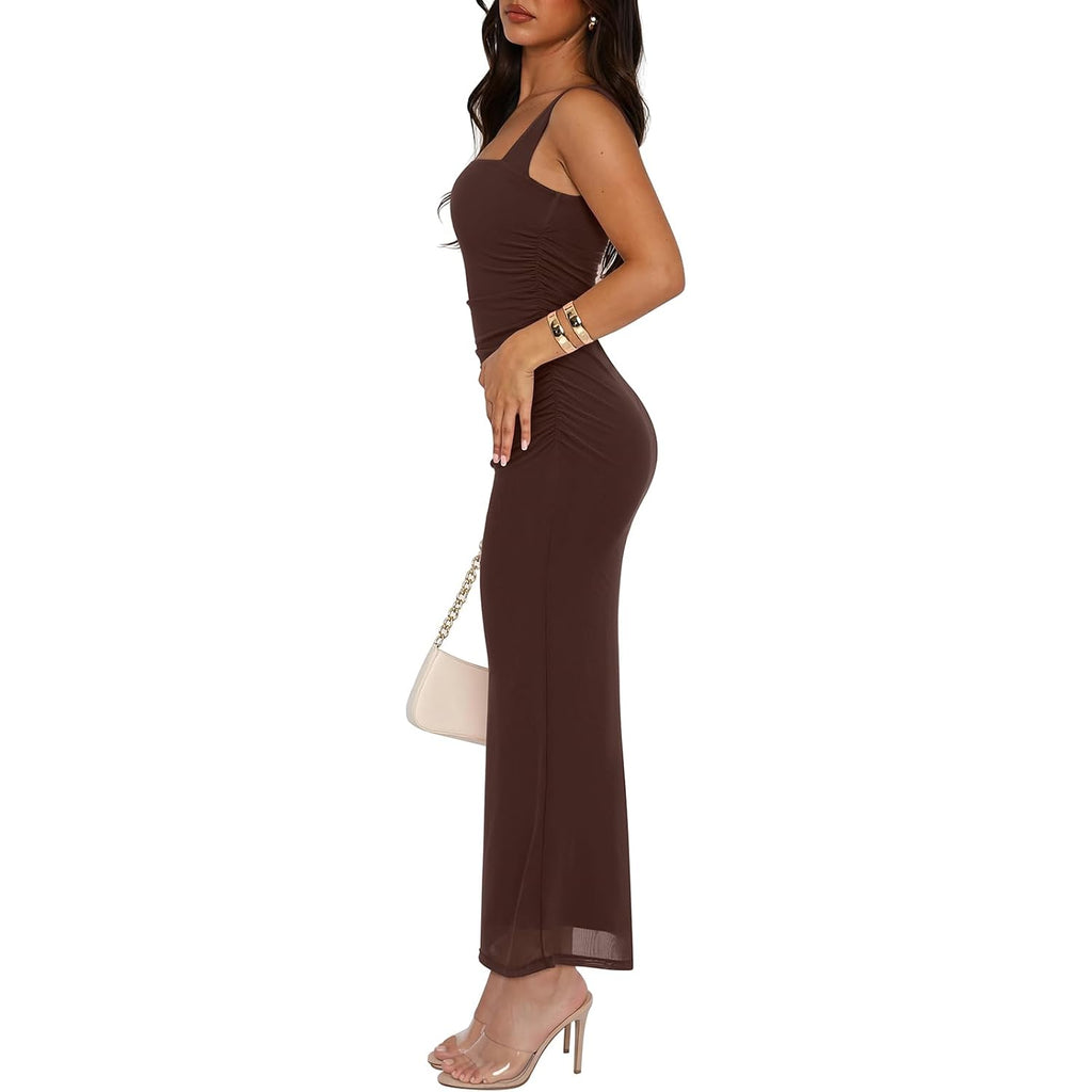 Reoria Summer Wedding Guest Maxi Dresses For Women | Sleeveless,Square Neck,Sheer Mesh,Ruched,Slim,Bodycon,Formal,Elegant Long Dress,Cocktail,Club Nightout,2026 Trendy Clothes