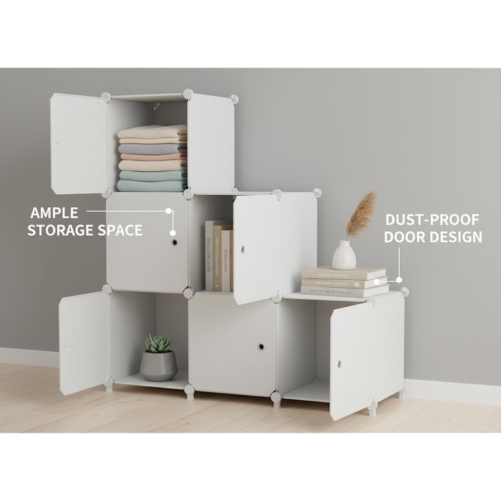 Cube Storage Organizer, 6-Cube Shelves Unit With Doors, Diy Stackable Plastic Clothes Organizer For Bedroom And Under Stairs Storage Unit, Each Compartment 30 X 30 X 30 Cm White