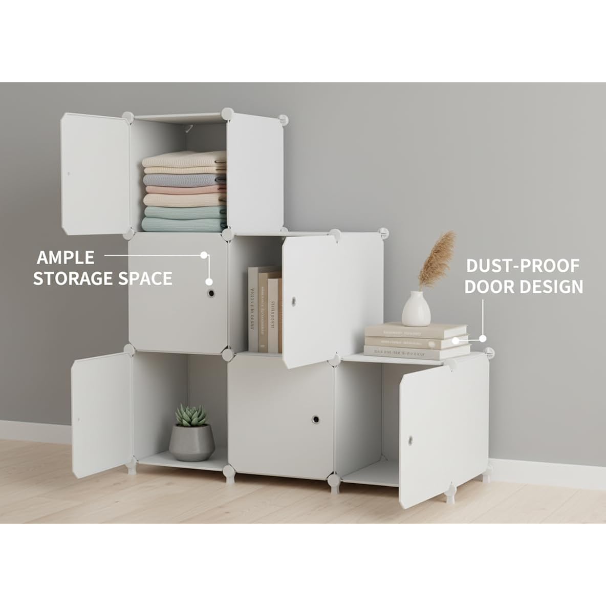 Cube Storage Organizer, 6-Cube Shelves Unit With Doors, Diy Stackable Plastic Clothes Organizer For Bedroom And Under Stairs Storage Unit, Each Compartment 30 X 30 X 30 Cm White