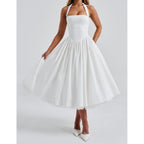 Women Halter Midi Dress Corset Back Layered Tulle Skirt A Line Formal Dresses Wedding Guest Bridal Shower