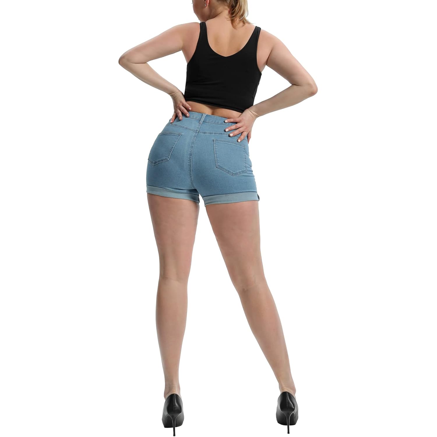 Women's High Waisted Summer Elastic Jean Shorts Folded Hem Hot Denim Shorts for Women