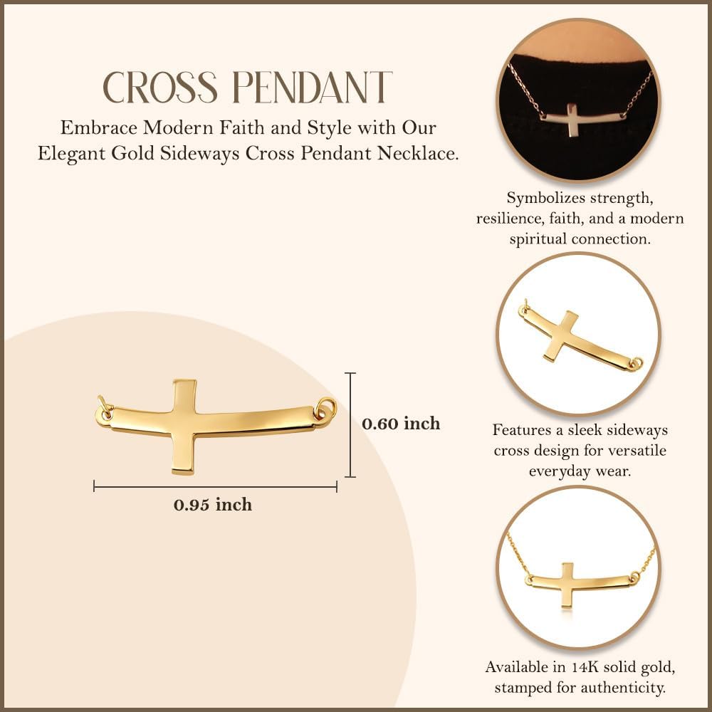 14K White or Yellow Gold Sideways Curved Cross Necklace - Choice of Metal Color and Necklace Length