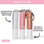 Mcobeauty Lip Gloss Trio - Keychain Lip Gloss Set Of 3 Mini Glosses | 3 High Shine Shades Clip Onto Your Keys, Hydrating Non Sticky Formula, Smooth Doe Foot Glide For Easy Touch Ups