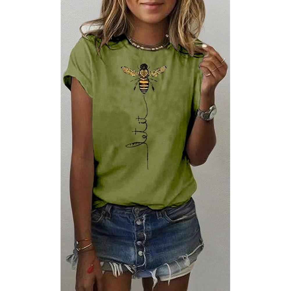 Womens Cute Bee Graphic Tee Shirts Short Sleeve Let It Bee Funny Letter Print Summer T-Shirt Tops