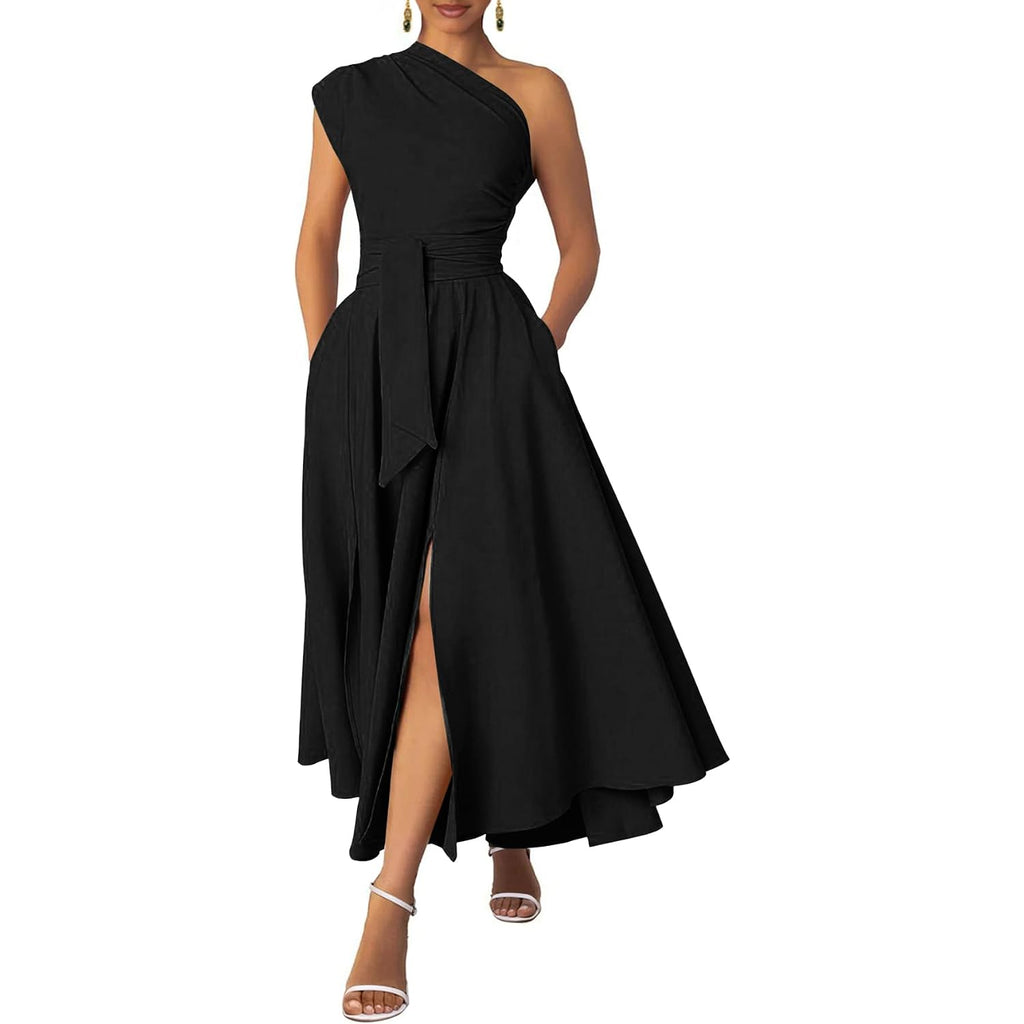 Ekaliy Women'S One Shoulder Belted Maxi Dress Long Formal Wedding Guest Dress With Pockets