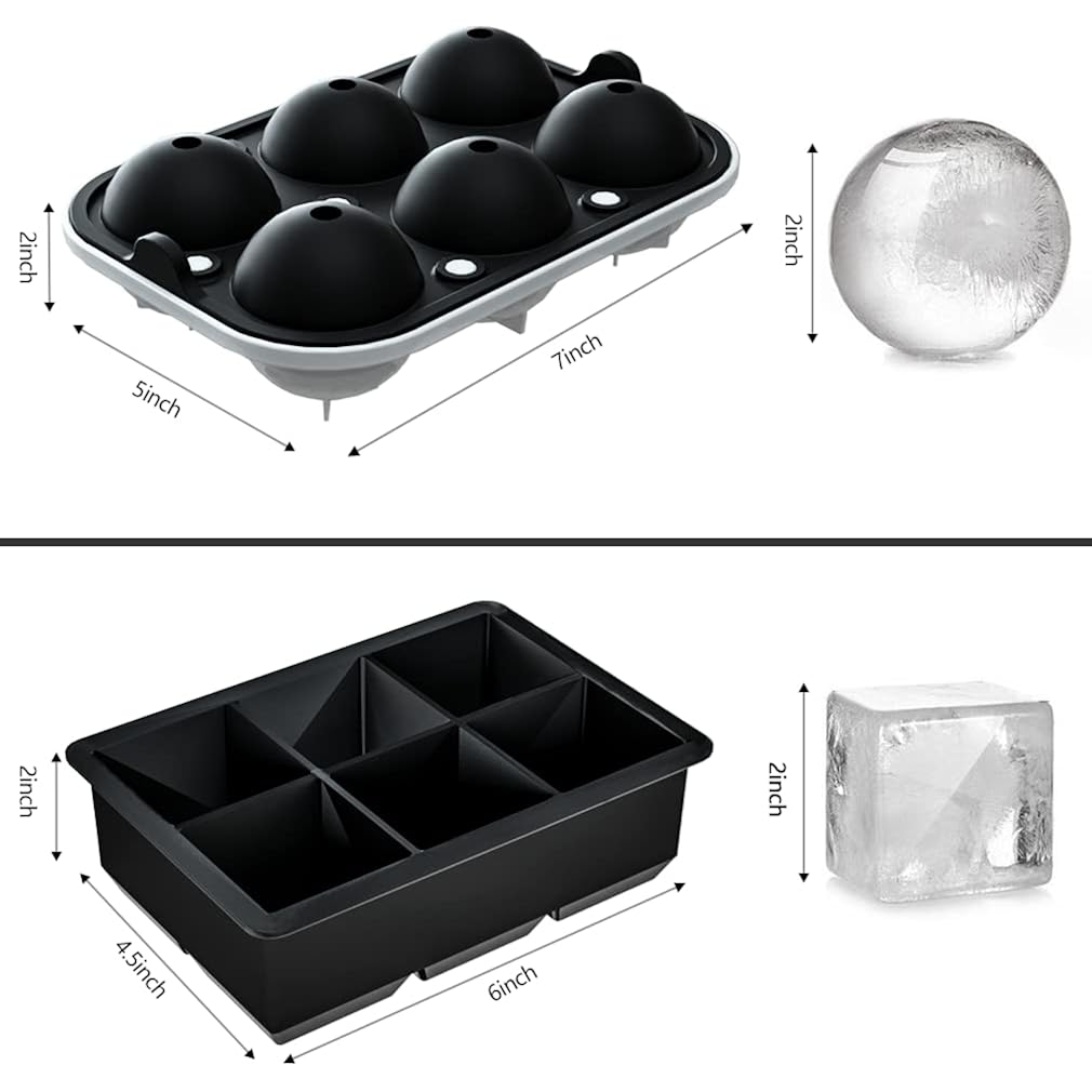 Rottay Ice Cube Trays (Set Of 2), Sphere Ice Ball Maker With Lid & Large Square Ice Cube Maker For Whiskey, Cocktails And Homemade, Keep Drinks Chilled Black