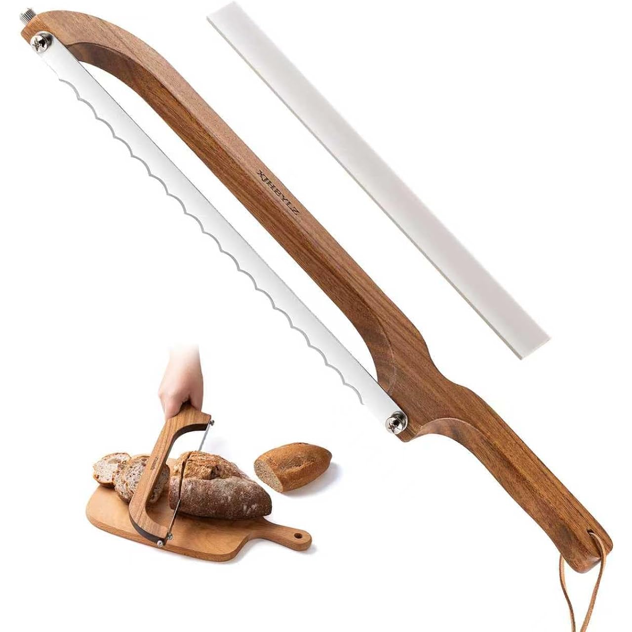Sourdough Bread Knife,Bread Slicer For Homemade Bread,Adjustable Blade Tightness For Even Slicing, Serrated Knife,Wooden Bread Cutter With Bow Design (1, Brown)