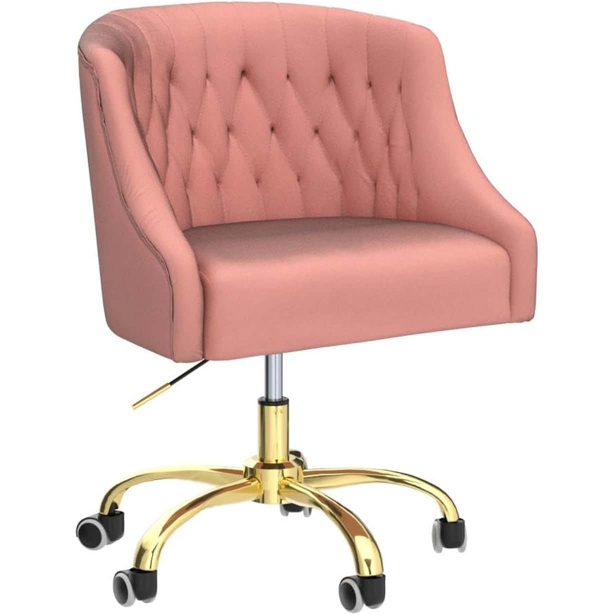 Mojay Velvet Home Office Desk Chair, Vanity Chair With Wheels Pretty Fancy Gold 360°Swivel Height Adjustable Office Chairs For Girls Home Offices, Bedrooms, Living Room (Pink)