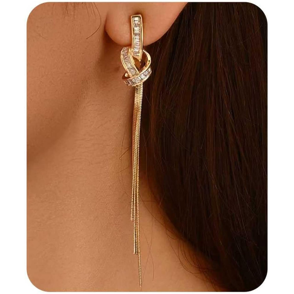 18K Gold/Silver Plated Dangle Earrings for Women Sparkly Rhinestone Long Tassel Dangle Earrings Dainty Long Hanging Chain Earrings Wedding Party Prom Earrings