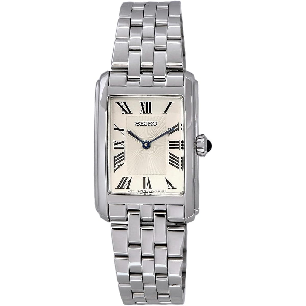 Seiko Swr083 Rectangular Watch - Essentials Collection - Roman Numeral Dial, Blue Hands, Stainless Steel Bracelet, And 50M Water Resistance
