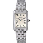 Seiko Swr083 Rectangular Watch - Essentials Collection - Roman Numeral Dial, Blue Hands, Stainless Steel Bracelet, And 50M Water Resistance