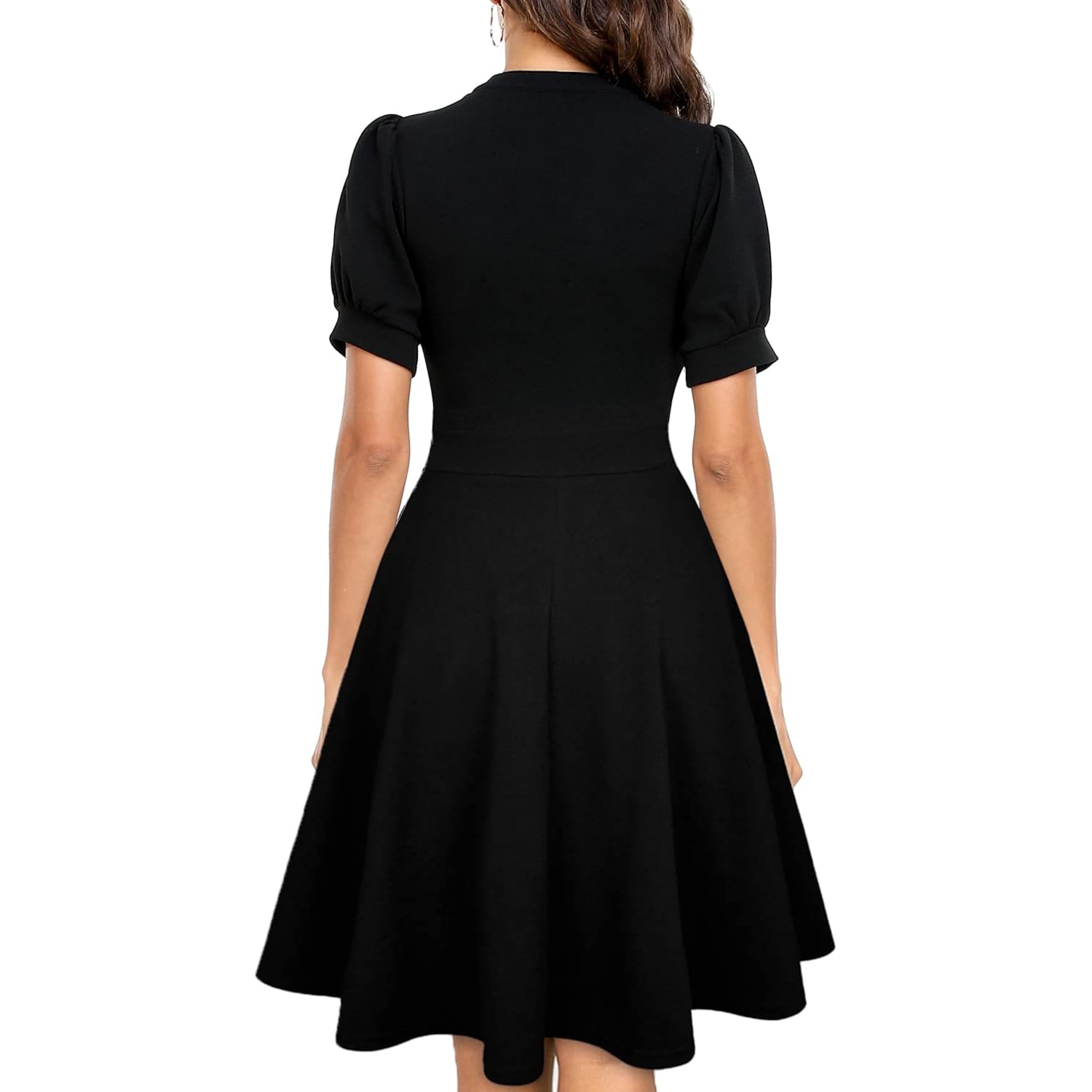 Mokayee Womens Summer Short Puff Sleeve Casual Semi-Formal Fit And Flare Church Wedding Guest Work Dresses With Pockets