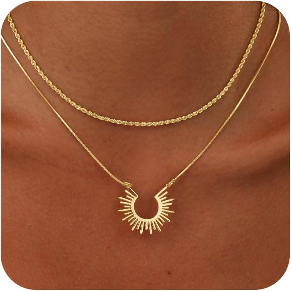 CHESKY Layered Necklaces for Women Trendy, Dainty 14k Gold Plated Pendant Necklace Layering Necklace for Women Non Tarnish Hypoallergenic Sun Gold Necklace Stack Gold Jewelry for Women Gifts