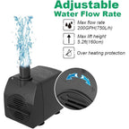 Submersible Pump 200Gph Ultra Quiet With Over Heating Protection 5.2Ft High Lift For Fountains, Hydroponics, Ponds, Aquariums & More…