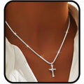 Yalice 925 Sterling Silver Sparkly Necklace Layered Dainty Chain Necklace Silver Cross Pendant Paperclip Necklaces Waterproof Minimalist Jewelry Gifts