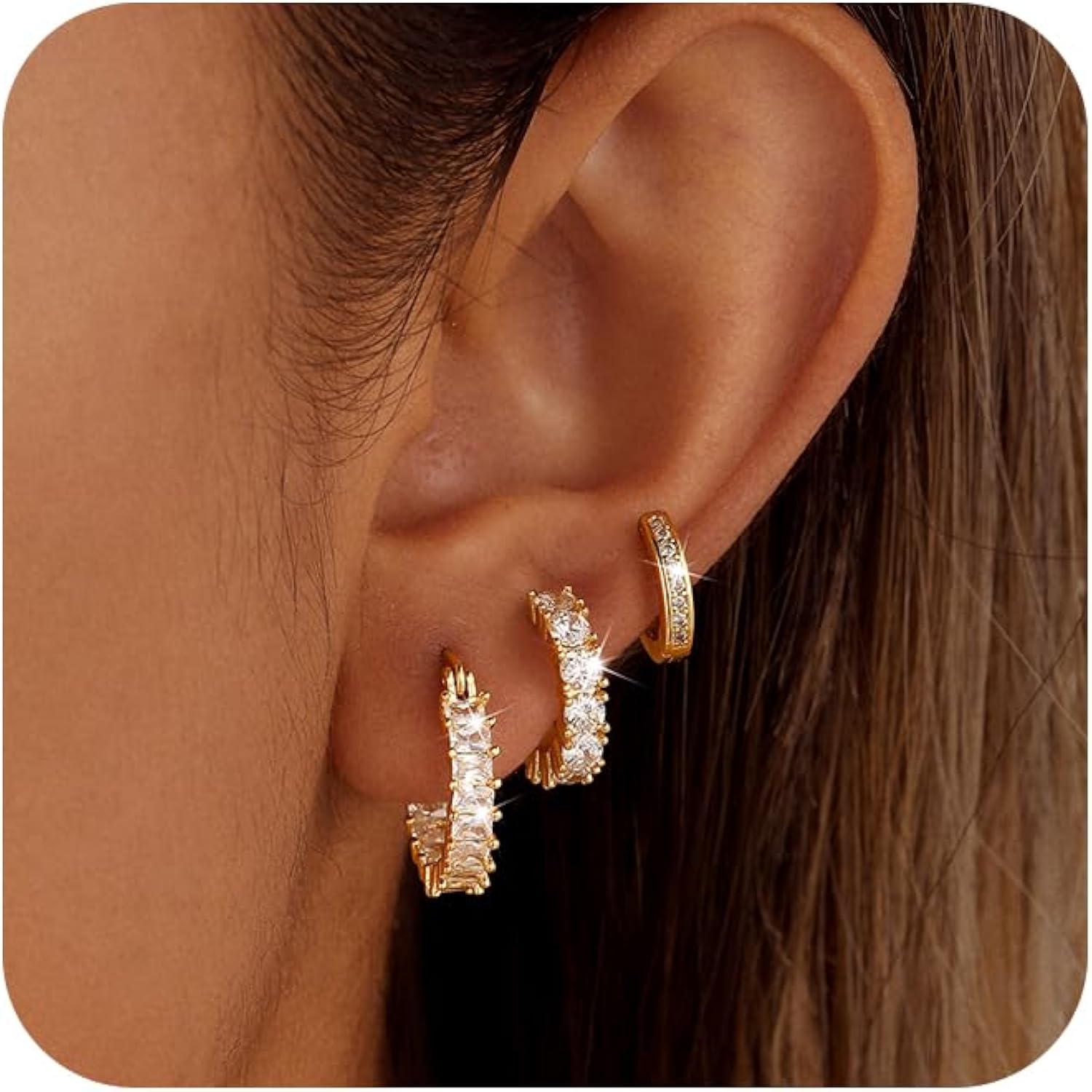 CAROVO 3 Pairs Gold/Silver Hoop Earrings for Women Trendy Dainty 14K Gold Plated Cubic Zirconia Stud Earrings Huggie Hoop Earrings Stack for Multiple Piercing Jewelry