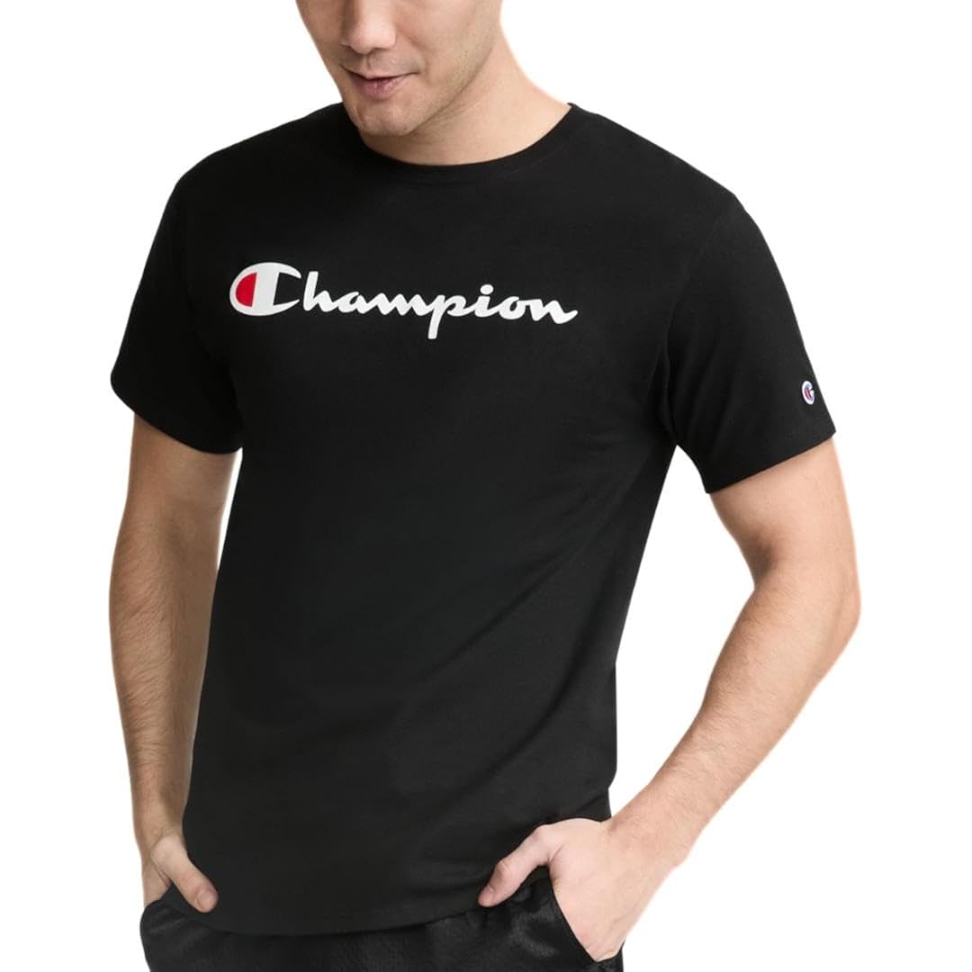Champion Men'S Graphic Short Sleeve T-Shirt, Standard Fit, Classic Script Logo, Midweight 100% Cotton