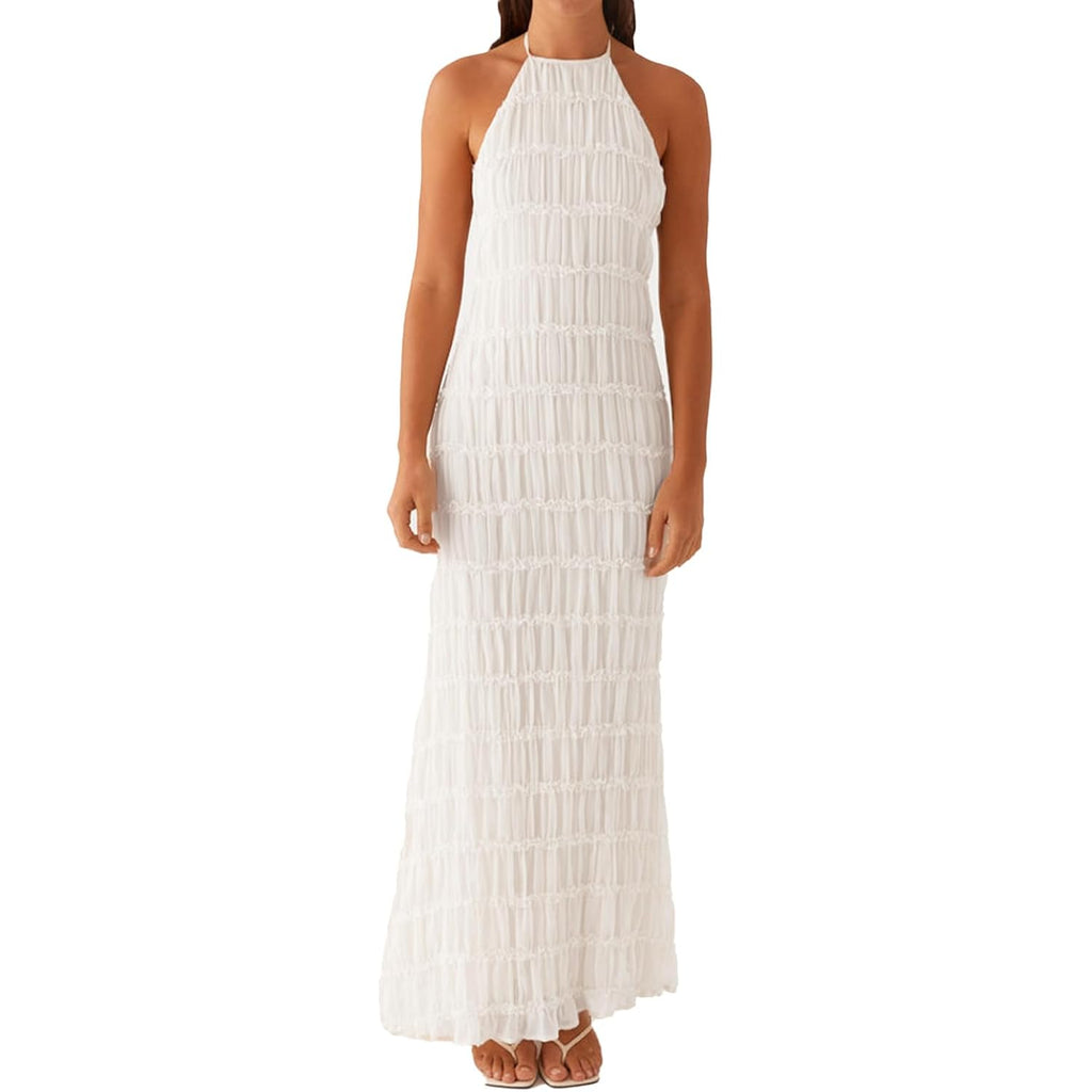 Abyovrt Women Backless Dress Sleeveless Textured Halter Open Back Maxi Dresses Vacation Wedding Guest