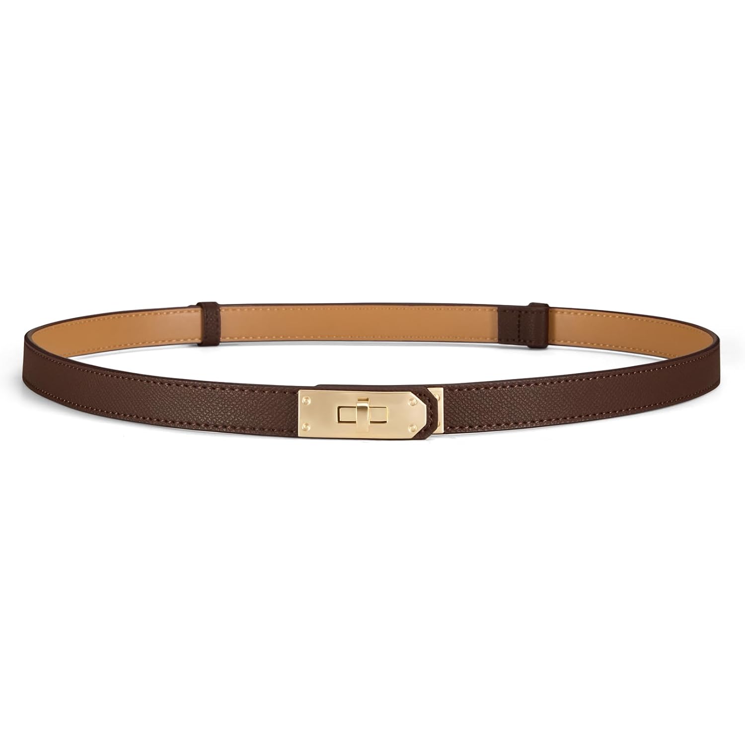 Women’s Skinny Leather Belt with Gold or Silver Turn-Lock Buckle – Adjustable Thin Belt for Dresses, Office & Wedding
