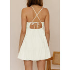 Womens V Neck Crisscross Backless Dresses Tie Back Sleeveless Ruffle Hem Flowy Swing A-Line Vintage Summer Mini Dress