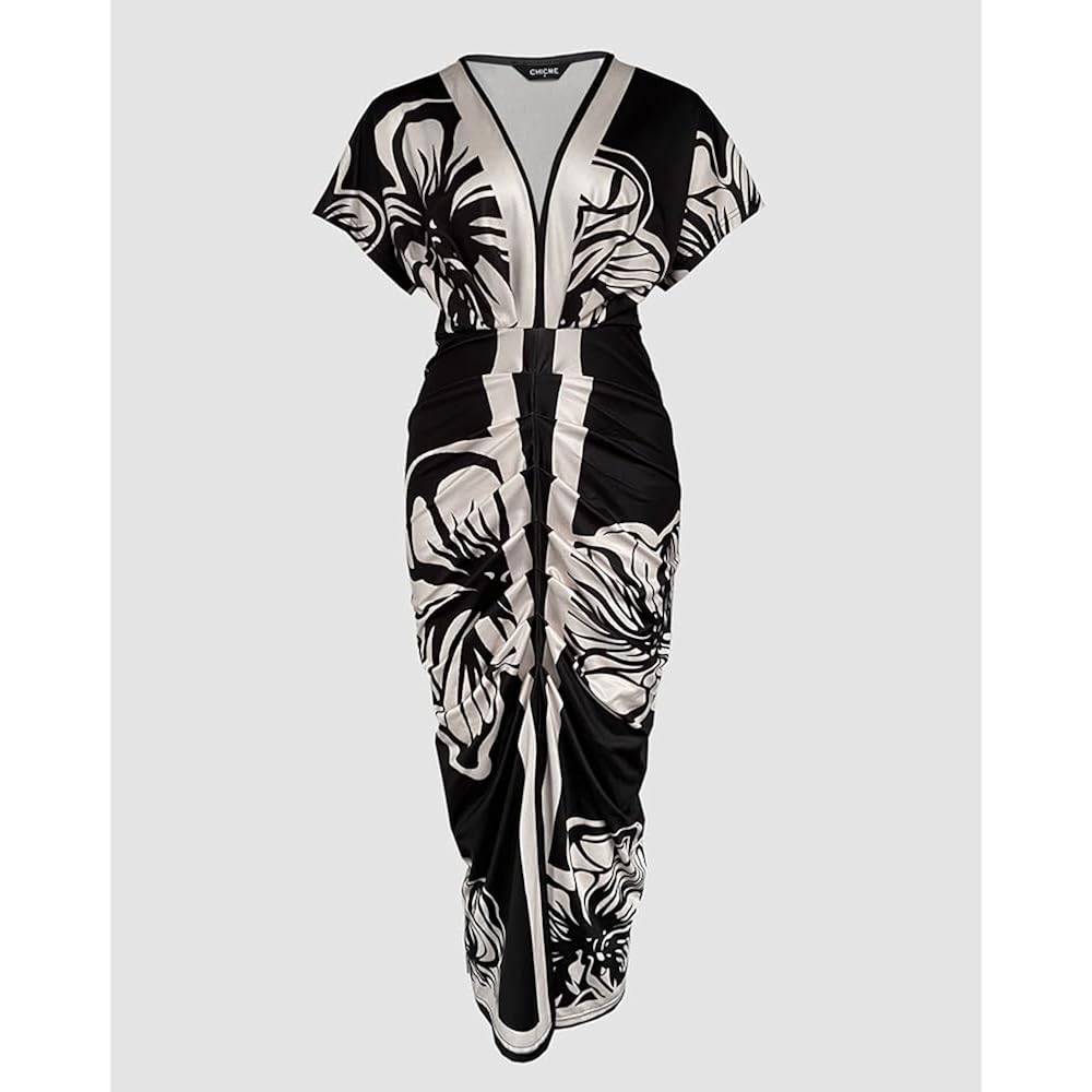 Chicme Summer Dresses For Women Floral Print Plunge V Neck Midi Dress Casual Ruched Slit Bodycon Party Dress