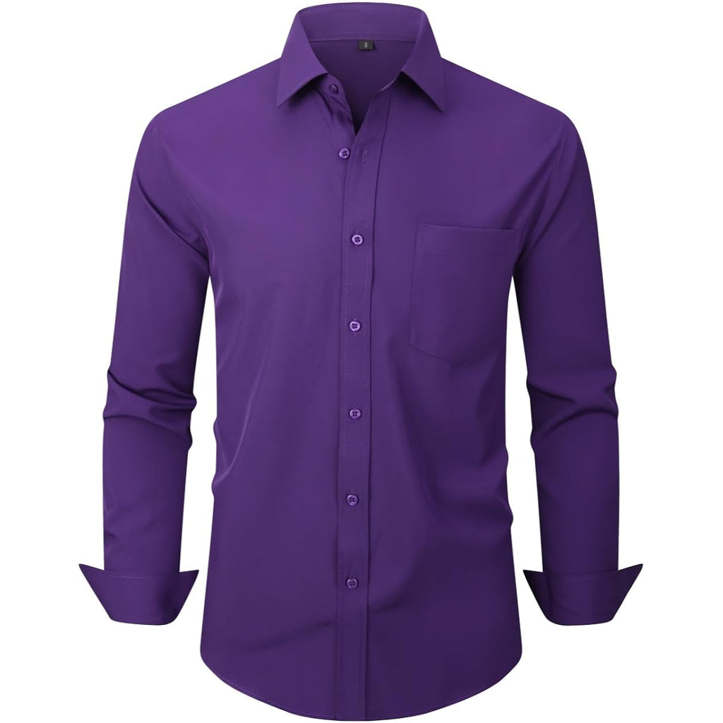 Men'S Dress Shirts Long Sleeve Button Down Shirt Business Formal Stretch Shirt Regular Fit With Pockets