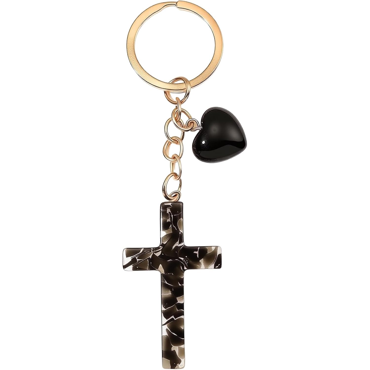 Gold Tone Key Ring with Black Heart Charm, Cross Keychain for Women Vintage Cross Key Chains for Car Key Rings Purse Backpacks Handbags