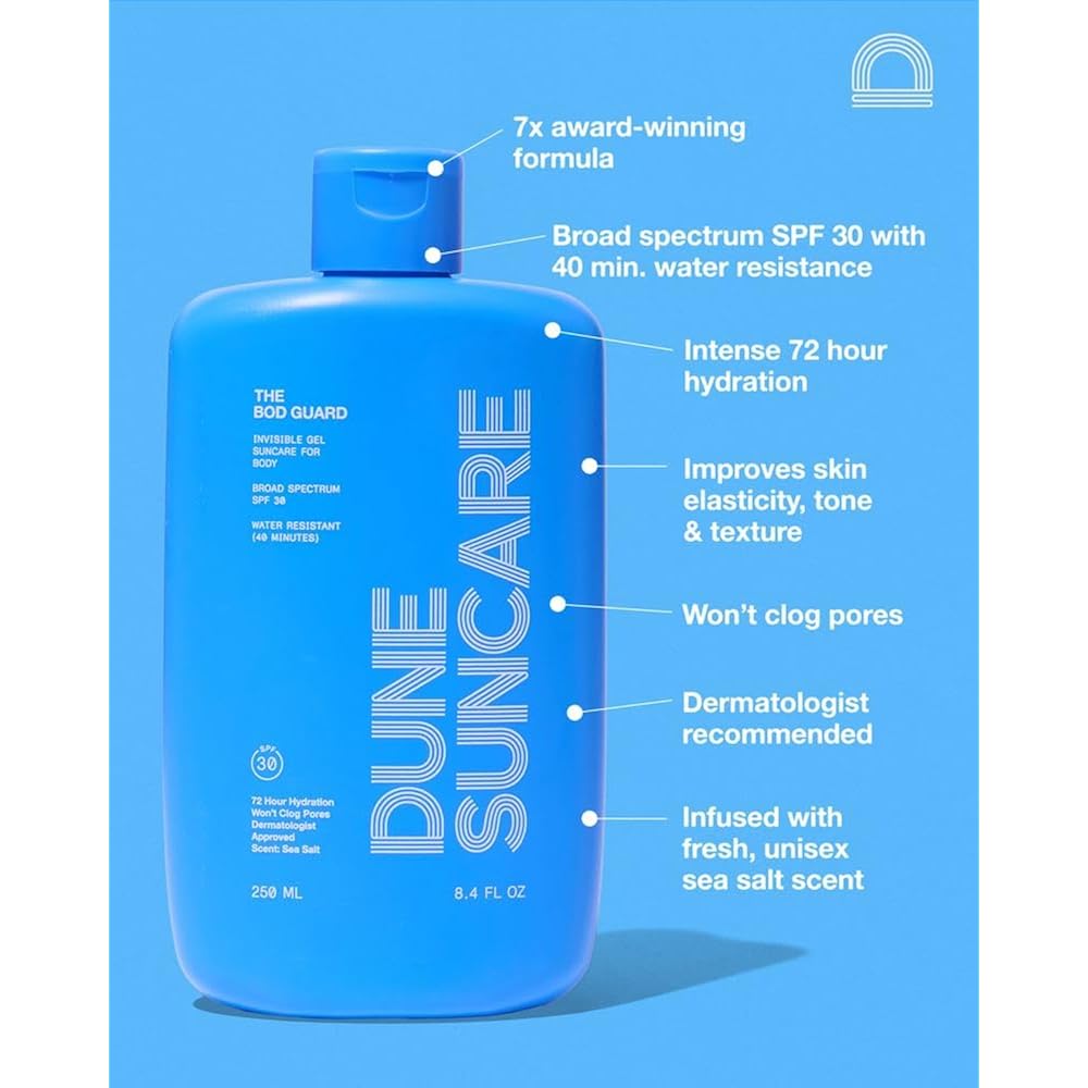 Dune The Bod Guard Invisible Gel Body Sunscreen Spf 30, Broad Spectrum Sun Block, Clear No White Cast Sunscreen, 72 Hour Hydration, Water Resistant, Reef Friendly, Non-Greasy Body Sunscreen, 8.4 Fl Oz