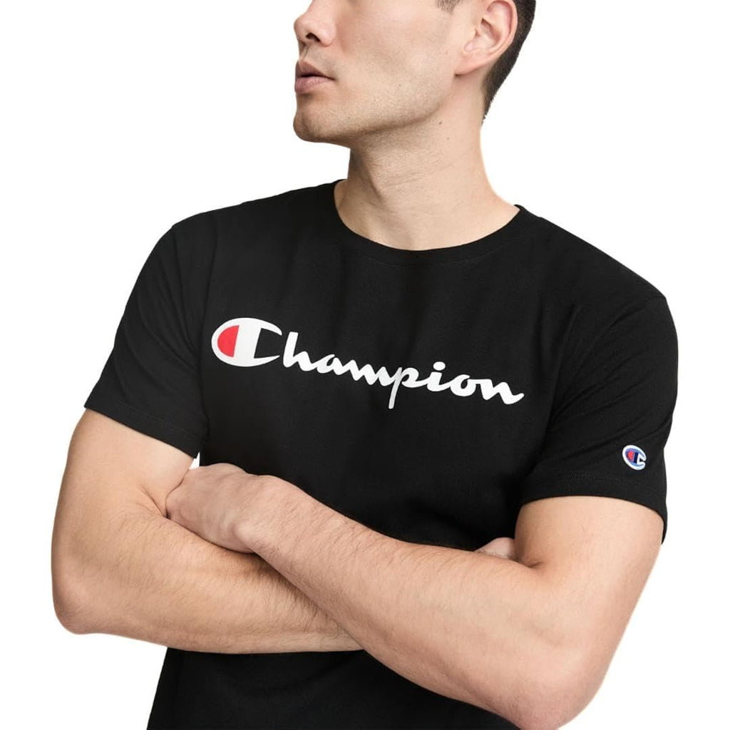 Champion Men'S Graphic Short Sleeve T-Shirt, Standard Fit, Classic Script Logo, Midweight 100% Cotton