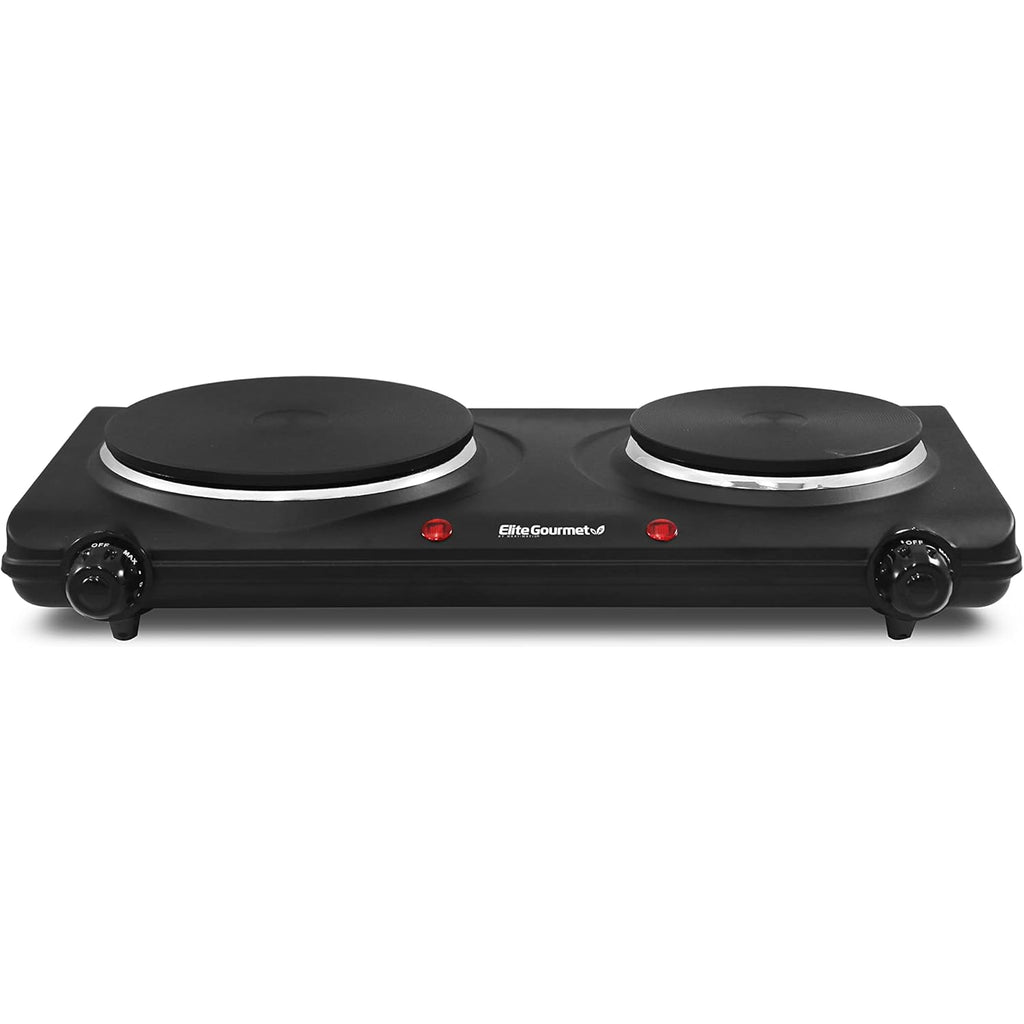 Elite Gourmet EDB-302BF Countertop Double Cast Iron Burner, 1500 Watts Electric Hot Plate, Temperature Controls, Power Indicator Lights, Easy to Clean, Black