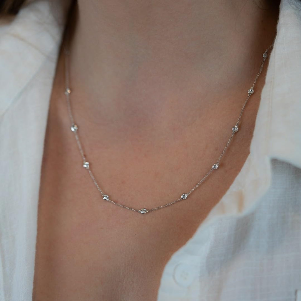 14K White or Yellow Gold Lab Grown Diamond By The Yard Necklace for Women, Bezel Set Round Diamonds Station Chain Necklace, F-G Color VS Clarity Adjustable 16-20 Inch Fine Jewelry (0.50-4.00 CT)