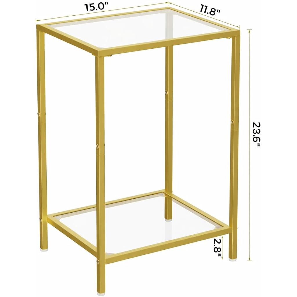 Homsho Side Tables Set Of 2, End Tables With Tempered Glass, 2-Tier Nightstands With Storage Shelves, Coffee Table With Modern Style, Slim Sofa Table For Living Room, Bedroom, 11.8" D X 15" W, Gold
