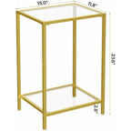 Homsho Side Tables Set Of 2, End Tables With Tempered Glass, 2-Tier Nightstands With Storage Shelves, Coffee Table With Modern Style, Slim Sofa Table For Living Room, Bedroom, 11.8" D X 15" W, Gold