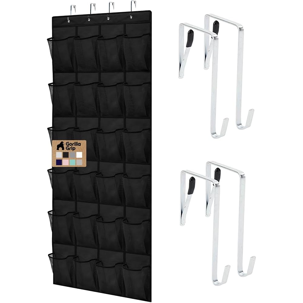Gorilla Grip Over The Door Shoe Organizer, 24 Large Breathable Mesh Pockets, Space Saving Hanging Storage Holder, Closet Rack Hanger Holds Up To 40 Lbs, Hangs On Closets For Shoes, Accessories, Black