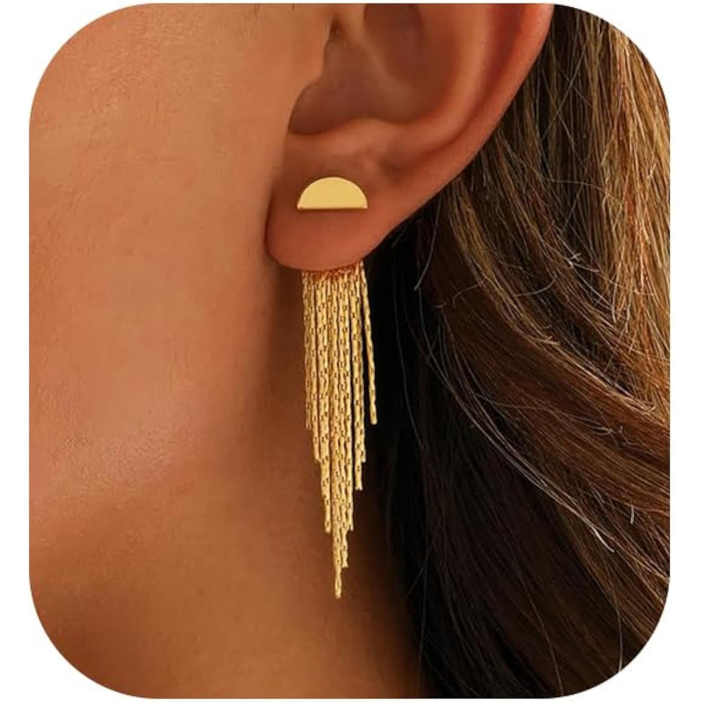 Gold Earrings for Women, 14K Gold Plated Tassel Dangle Earrings for Women Trendy Hypoallergenic Long Chain Earring Dainty Pearl Drop Earrings Elegant Wedding Earring Fashion Jewelry for Womens