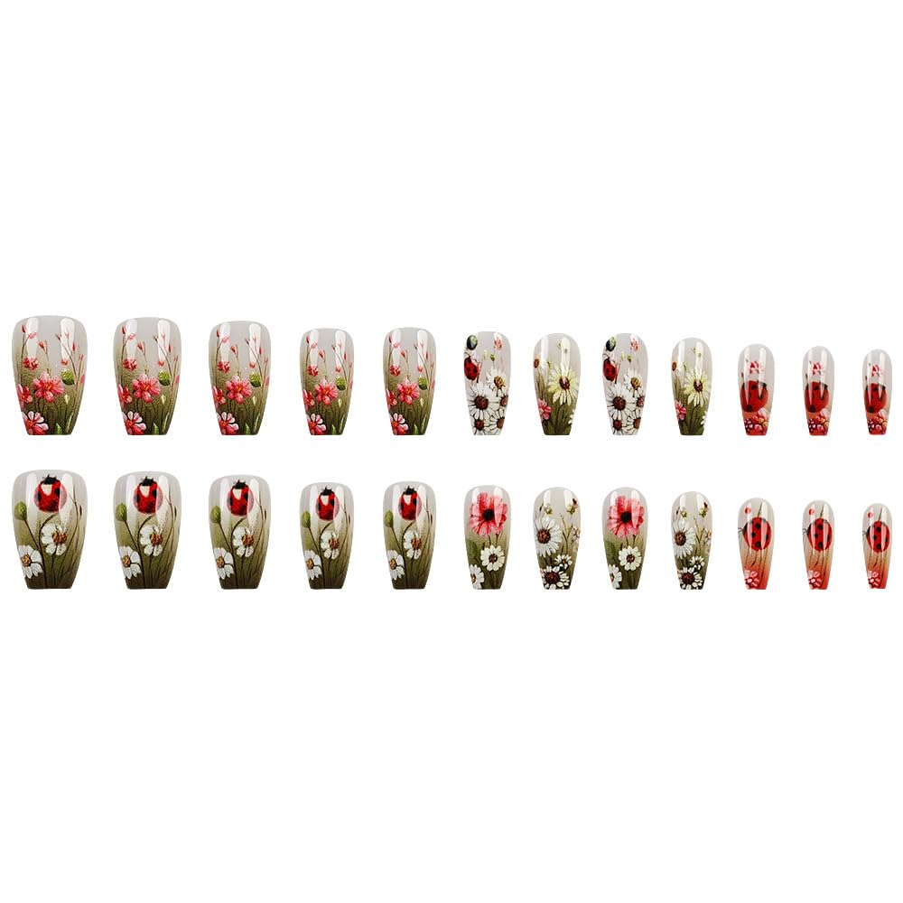 Spring Press on Nails Square Medium Length Fake Nails Daisy Flowers Acrylic Nails Green Leaf Floral False Nails Gradient Coffin Artificial Nails Glossy Glue on Nails for Women Nails Decoration 24Pcs