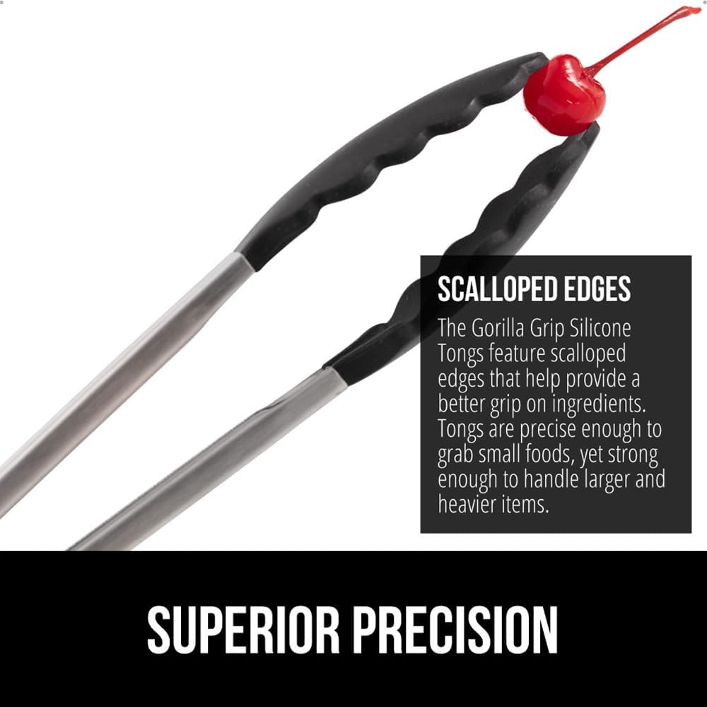Gorilla Grip Stainless Steel Bpa-Free Kitchen Tongs For Cooking, Heat Resistant Bbq Tong Set Of 2, Non Scratch Silicone Tip For Pan, Strong Grip, Grab Food, Toss Salad, Pull Lock, 7+9 Inch, Black