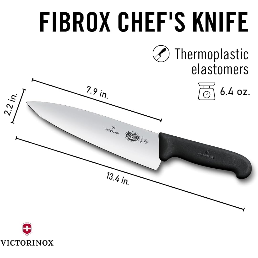 Victorinox Fibrox Pro Chef’s Knife, 8 Inch - Swiss Army Kitchen Knife, High Carbon Stainless Steel Blade, Non-Slip Fibrox Handle, Dishwasher Safe, Black