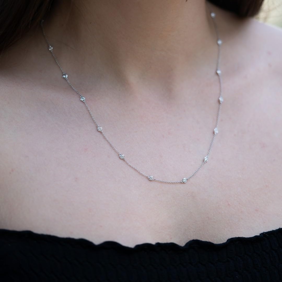 14K White or Yellow Gold Lab Grown Diamond By The Yard Necklace for Women, Bezel Set Round Diamonds Station Chain Necklace, F-G Color VS Clarity Adjustable 16-20 Inch Fine Jewelry (0.50-4.00 CT)