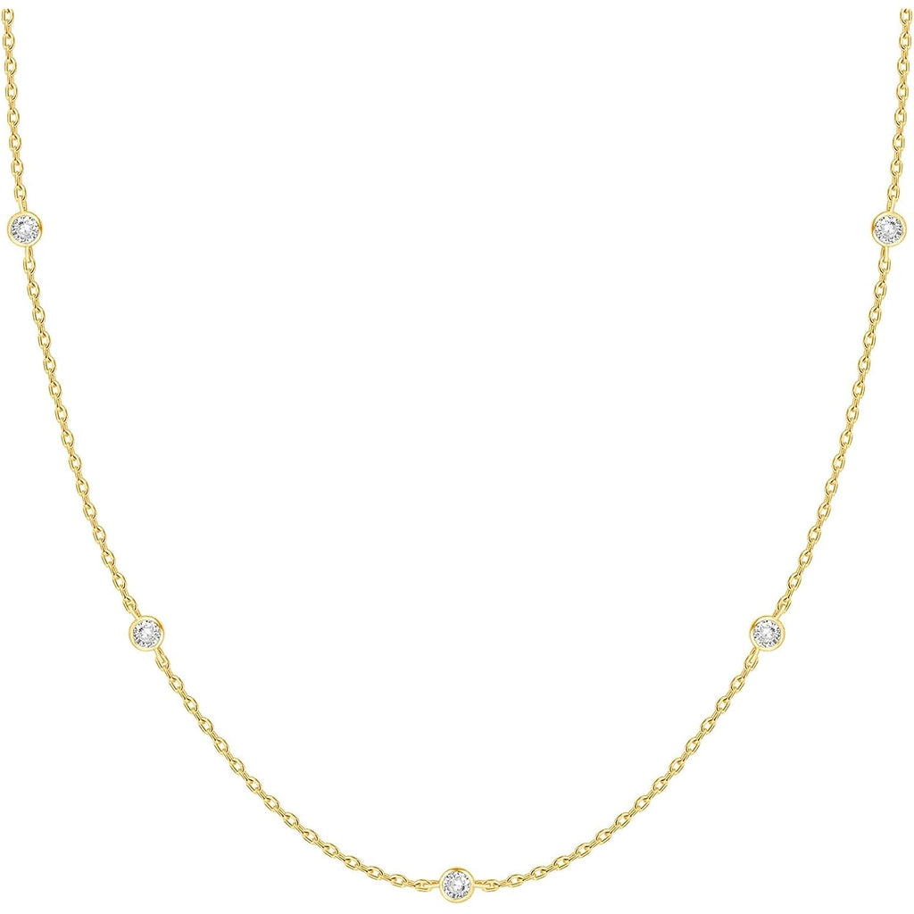 PAVOI 14K Gold Plated Station Necklace - Simulated Diamond Layering Necklaces - Womens CZ Chain