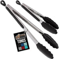 Gorilla Grip Stainless Steel Bpa-Free Kitchen Tongs For Cooking, Heat Resistant Bbq Tong Set Of 2, Non Scratch Silicone Tip For Pan, Strong Grip, Grab Food, Toss Salad, Pull Lock, 7+9 Inch, Black