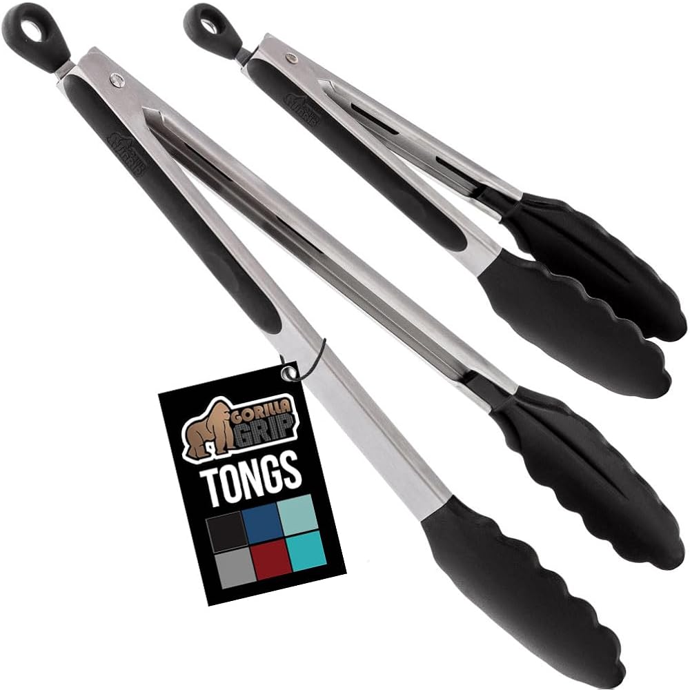 Gorilla Grip Stainless Steel Bpa-Free Kitchen Tongs For Cooking, Heat Resistant Bbq Tong Set Of 2, Non Scratch Silicone Tip For Pan, Strong Grip, Grab Food, Toss Salad, Pull Lock, 7+9 Inch, Black