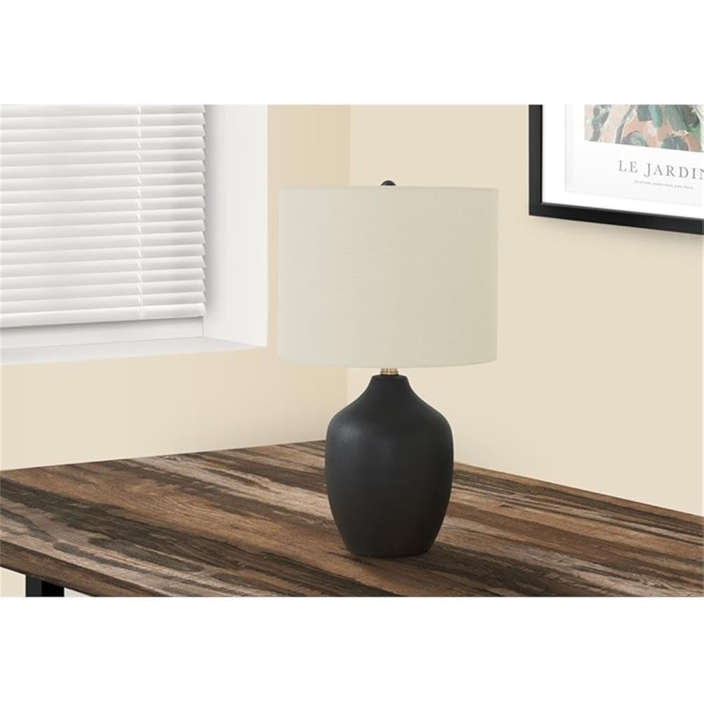 Pemberly Row 22" Black Ceramic Table Lamp, Ivory Linen Drum Shade, 3-Way Switch, 7.5" Base And 13" Shade, Transitional Style, Decorative Lighting For Living Room, Bedroom, Or Office