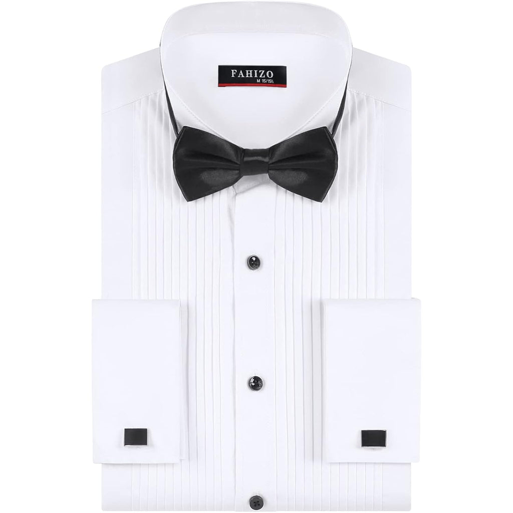 Men'S White Tuxedo Shirt With Wing Collar, French Cuffs & Accessories