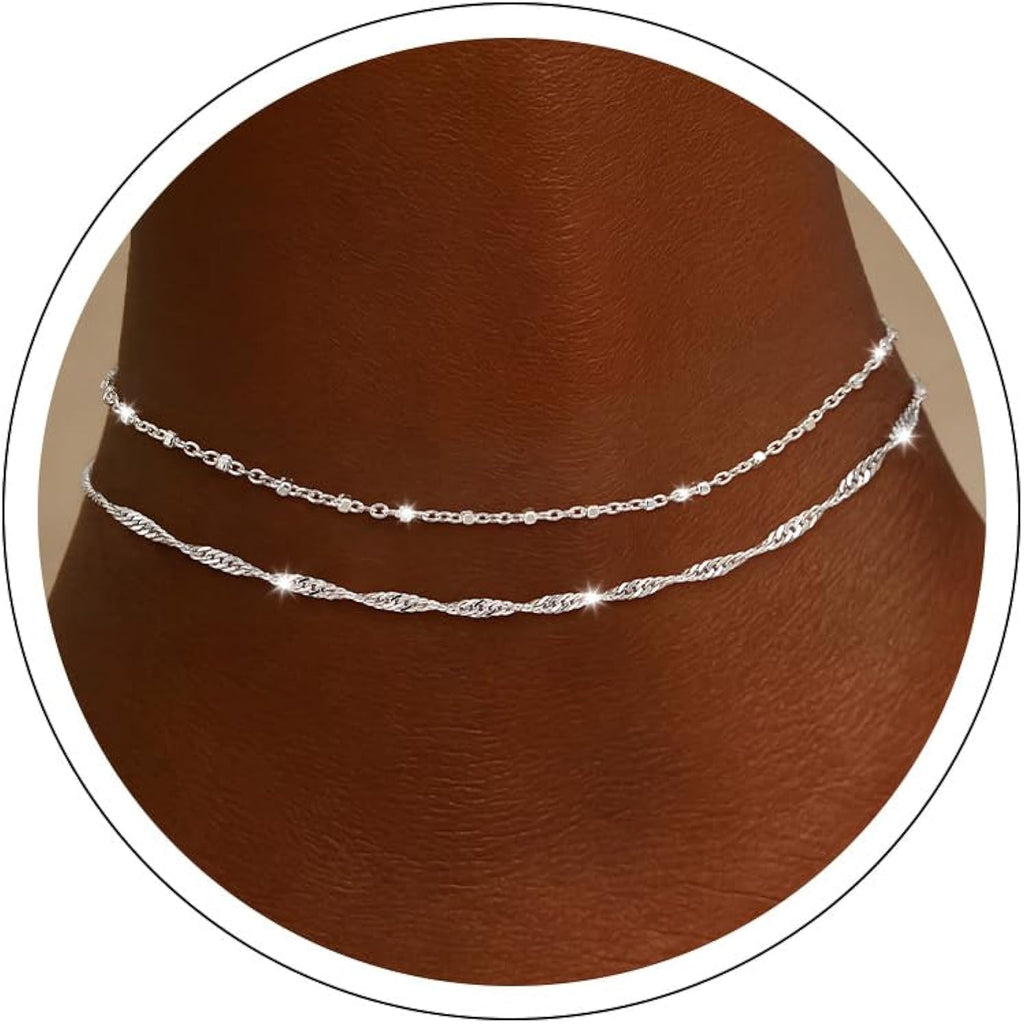 Moodear Ankle Bracelets for Women 14K Silver Plated Anklets for Women Waterproof Dainty Twist Square Beaded Chain Anklets Non Tarnish Adjustable Layered Anklet Summer Beach Jewelry Gift