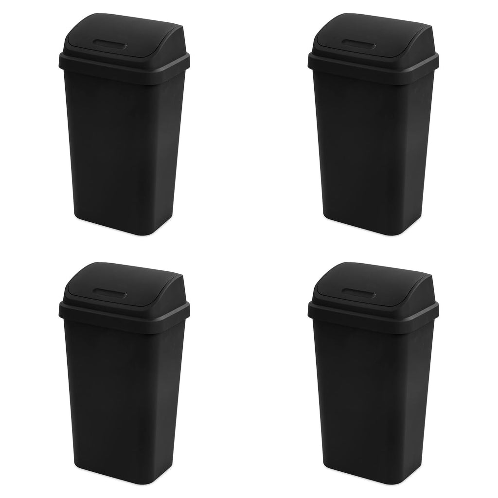 Sterilite 4-Pack Swing Top Wastebasket, Sleek Square Profile Trash Can, 13 Gallon, Black - Modern Garbage Bin For Kitchen, Bathroom, Garage And Workspace, Fits 13 Gal Liners