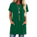 2026 Womens Tunic Tops for Leggings with Pockets Short Sleeve Side Buttons Casual Long T Shirts S-3XL